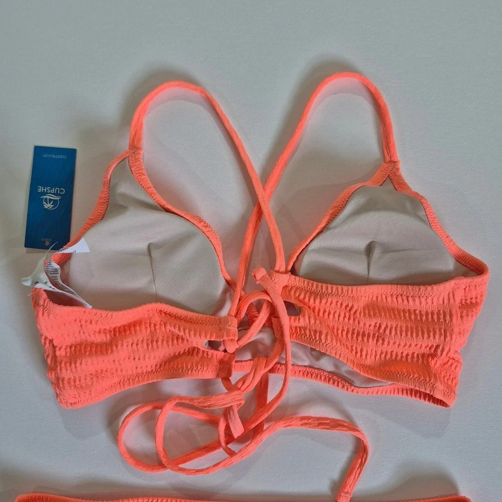 Cupshe Womens Neon Orange Smocked High Waisted Bikini‎ Set Size L New With Tags
